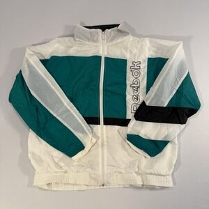 Vintage Reebok Jacket‎ Womens Large White Teal Colorblock Zip Windbreaker 90s